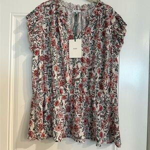 Voy Floral Ruffle Sleeve Blouse - Red and White